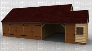 This oak framed building has two garage bays enclosed with garage doors on the front, a narrow bay that has a solid single door on the front to give a separate secure storage area, one open fronted garage bay and a small store/workshop as a separate building attached to the right hand end. This workshop has a solid single door and two pane casement window in the front.