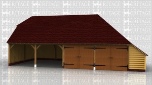 This is a full depth oak framed garage with a barn hip on the left and a full hip and catslide on the right hand end. Two bays are partitioned off and secured with 2 pairs of garage doors and the other 2 bays are open fronted.