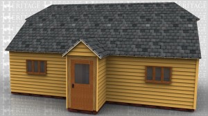 This building is a small oak frame annex that provides one bedroom, one bathroom, lounge and small kitchenette. There is a single enclosed barn entrance on the front to form a small porch area with a half glazed front door. At the rear there is a set of glazed french doors which would lead out into the garden. There are four three pane casement windows and one one rooflight to give natural light into the building.