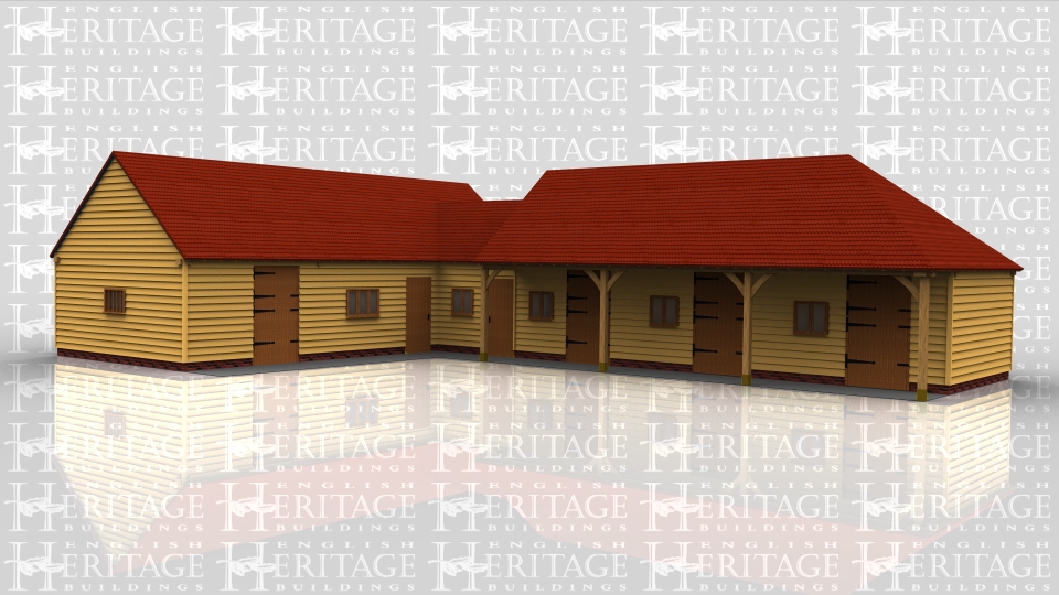 This oak framed stable complex includes three standard stables complete with stable doors and windows, one foaling stable that is slightly bigger and as well as a stable door and window in the external walls also has a stable door through to the tack room. There is also a small store room with WC and in the sitting up and tack area there is a bathroom and kitchen area.