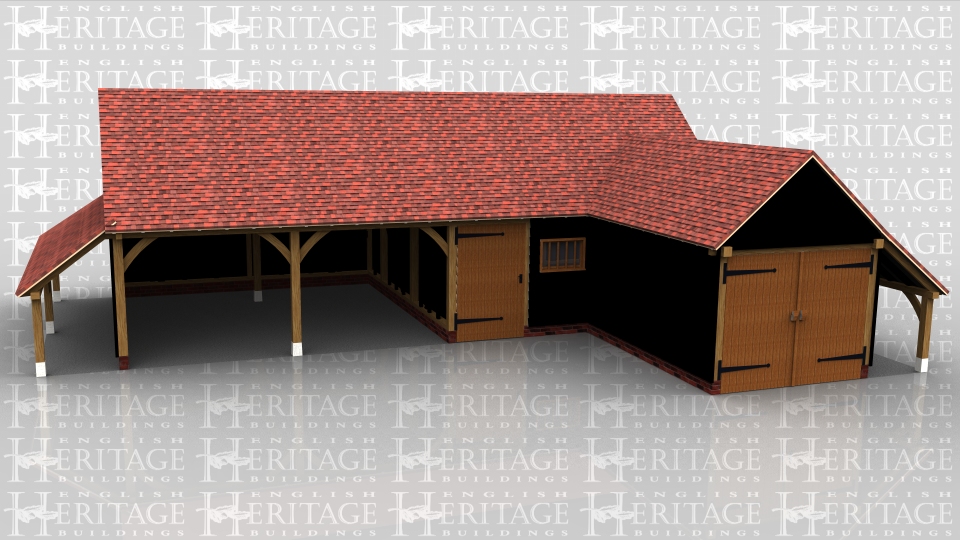 This oak frame complex is comprised of two frames. The first is a four bay garage with gable ends and catslide roofs to the rear and both ends. There are two open fronted bays and the other two are enclosed, one using a partition with solid single door and window in it, and the other by the second one bay frame with attached to the front and is secured with a pair of garage doors on the front. This building also has a log store on the right hand side.