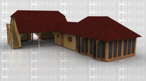 This is the oak frame complex we have at our Cranleigh display site. There is a three bay with first floor that is accessed via an oak external staircase and solid single door. The first floor has two dormer windows suitable for a three pane casement window. The ground floor is open with a pair of garage doors to the rear. Attached to this is a small link building which has a three bay oak frame garden room on the end which is used as the office area. The office has a hipped roof with oak warm roof and feature trusses. There is also a Velux GVA rooflight. The full height glazing is our Mullion style and there are fixed units and units with opening doors.