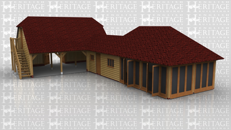 This is the oak frame complex we have at our Cranleigh display site. There is a three bay with first floor that is accessed via an oak external staircase and solid single door. The first floor has two dormer windows suitable for a three pane casement window. The ground floor is open with a pair of garage doors to the rear. Attached to this is a small link building which has a three bay oak frame garden room on the end which is used as the office area. The office has a hipped roof with oak warm roof and feature trusses. There is also a Velux GVA rooflight. The full height glazing is our Mullion style and there are fixed units and units with opening doors.