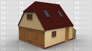 This oak frame garage with first floor has a steep roof pitch for more usable space upstairs. The ground floor is a two bay garage secured with two pairs of garage doors. There is also a solid single door and two pane casement window in the side. The first floor is accessed via a an external oak staircase with a solid single door at the top. There is a three pane casement window under the barn hip and two Velux rooflights for more natural light.