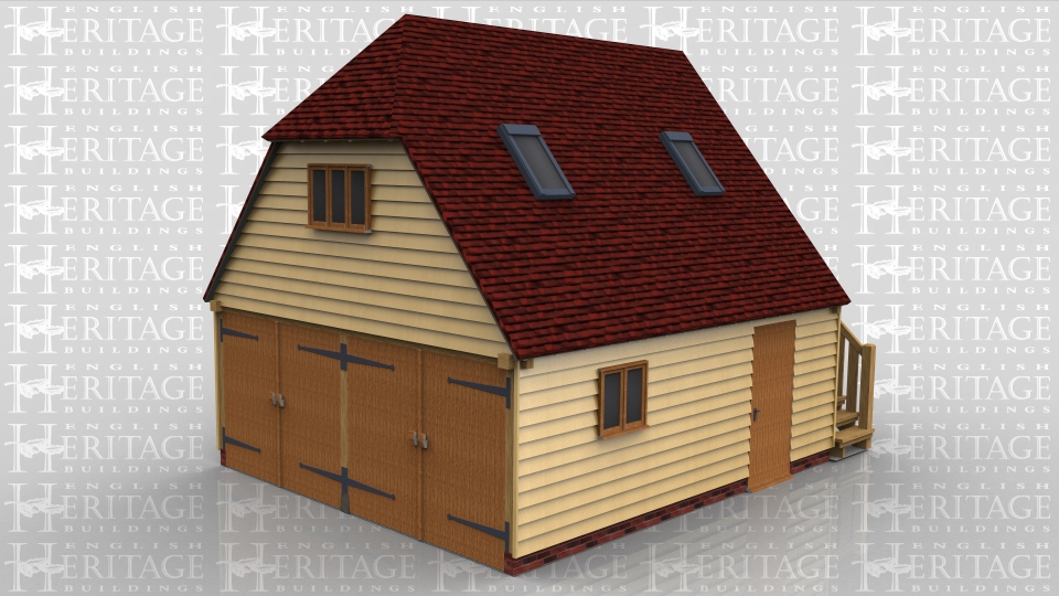 This oak frame garage with first floor has a steep roof pitch for more usable space upstairs. The ground floor is a two bay garage secured with two pairs of garage doors. There is also a solid single door and two pane casement window in the side. The first floor is accessed via a an external oak staircase with a solid single door at the top. There is a three pane casement window under the barn hip and two Velux rooflights for more natural light.