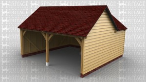 This oak frame was designed to give full height at the rear of the garage whilst also keeping the ridge height low. It is a two bay open fronted garage with a double barn entrance on the rear of each bay. There is also a log store on the left hand side.