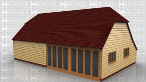 This is a 4 bay oak frame with barn hip ends and a rear catslide. It is split into two by a central partition which has a pair of solid doors  in it. On the left is a two bay garage secured with two pairs of garage doors and on the right is a two bay garden room with fully glazed opening units on the front and two three pane casement windows in the side.