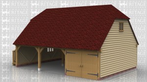 This oak building is a three bay full depth garage with barn hip ends. There is one enclosed bay with a partition, garage doors and a solid single door whilst the other two bays are open fronted. There is an external oak staircase which leads to the first floor through another solid single door. There is a two pane casement window under the barn hip.