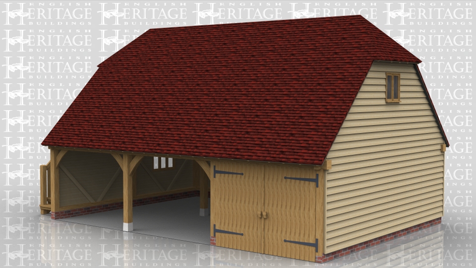This oak building is a three bay full depth garage with barn hip ends. There is one enclosed bay with a partition, garage doors and a solid single door whilst the other two bays are open fronted. There is an external oak staircase which leads to the first floor through another solid single door. There is a two pane casement window under the barn hip.