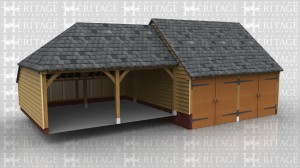 This oak framed building is two double garages set at different levels to take into account the fall of the ground. One two bay garage is enclosed with garage doors on the front and the other is open fronted and has a rear catslide.