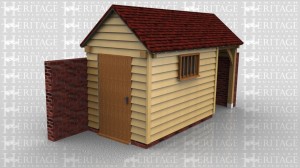 This oak frame is a little shed with covered storage that fits into the corner of a garden wall. It has gable ends and a solid single door and mullion window.