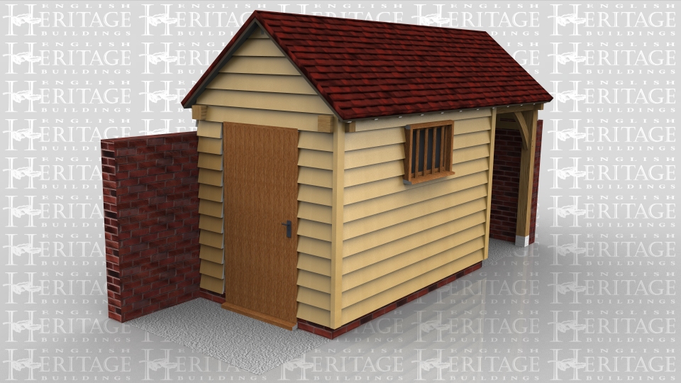 This oak frame is a little shed with covered storage that fits into the corner of a garden wall. It has gable ends and a solid single door and mullion window.