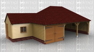 This oak framed building is a full span three bay garage with hipped ends. One bay is partitioned off and secured with garage doors. Attached to the side is a small store that has a solid single door and two pane casement window in the outer walls and a door opening through into the enclosed garage.
