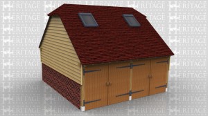 This oak framed two storey garage is formed of two bays, both enclosed. Access is via two sets of garage doors to the front and access to the frist floor is via a hatch. There are trimmings for two rooflights.