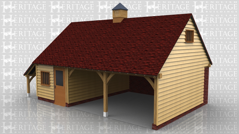 This oak framed garage building has a rear wall in full height brickwork.There are two open fronted parking bays and the third bay is enclosed with partitions and has a half glazed single door and mullion window in the front elevation. There are also mullion windows in both gables and a clock tower in the centre of the roof. There is a catslide roof on the left hand end making an open log store.