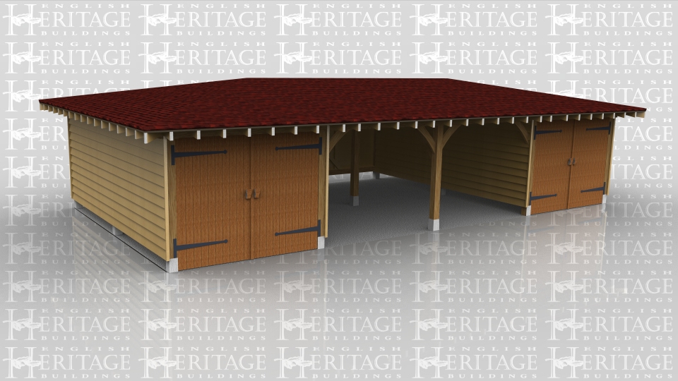 This oak framed garage has a very shallow roof pitch and Zinc roof covering. There is no plinth wall and all the posts sit on staddle stones. The centre two bays are open fronted and the outside two are enclosed with garage doors