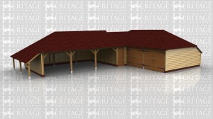 This oak framed garage complex is comprised of a three bay open fronted garage with log store on the left hand side connected to an enclosed three bay oak frame by a narrow link building. The enclosed garage has two pairs of garage doors and the link has a solid single door.