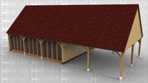 This oak framed building has two open bays used as a carport and 3 bays enclosed with full height glazing at the front. The first floor stretches over all five bays and is accessed via an internal staircase. This could quite easily be used as a garden room or home leisure building.