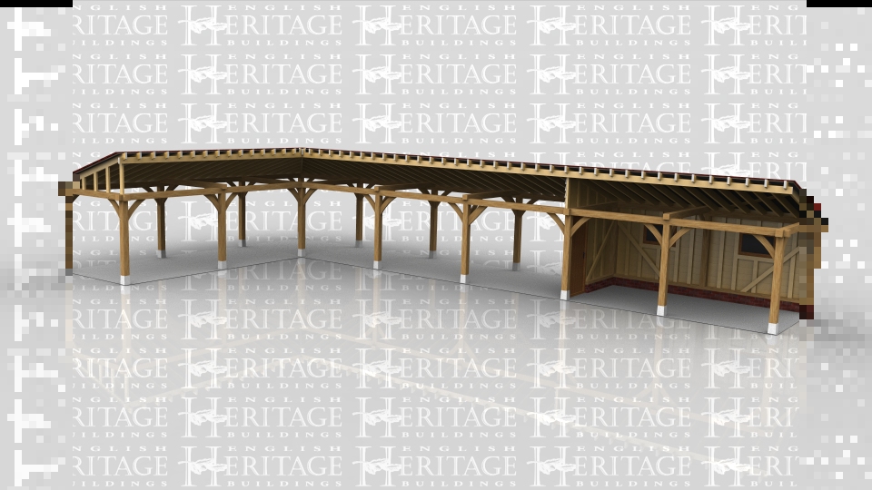 This is an oak framed lean-to design that fits around the corner of the existing house. It is mainly an open sitting and storage area although two bays have been enclosed with weatherboard for a secure area. This area is accessed through a solid single door and there are also 2 mullion windows.