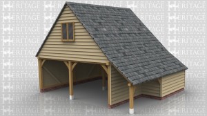 This two bay open side oak framed garage with first floor has gable ends and a half enclosed, half open logstore to the front. At the right side there is an external oak staircase which leads to a solid single door. There is also a two pane casement window in the left gable end.