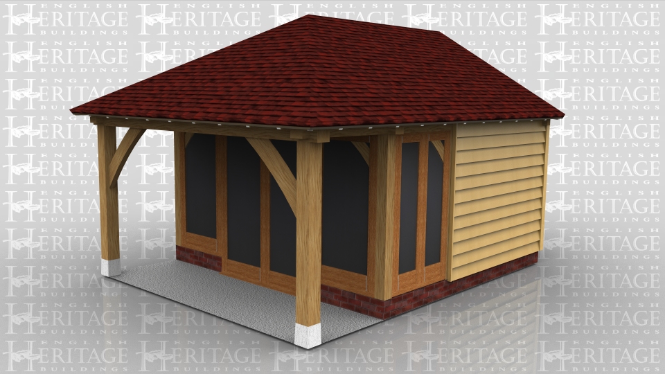 This oak frame is used as a small summerhouse/garden room. The fully glazed unit on the front is set back so there is a small veranda. Part of the side walls are glazed and the rest along with the rear are clad in weatherboard.. At the rear is a small enclosed logstore accessed via a small door at the end.