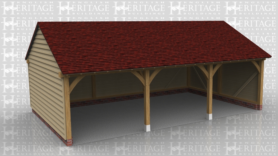 This oak framed garage has three bays for parking, all open fronted.