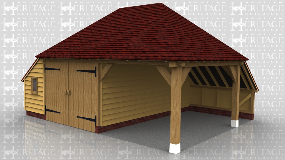 This is a two bay oak framed garage with hipped roof and enclosed storess to rear and one side. One bay is enclosed with a partition and pair of garage doors and the other bay is open to the front and side.