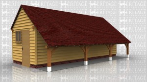 This oak framed garage is formed of three enclosed bays, with an open left side and a single solid door on the right. There is an open logstore to the rear, and a two pane window on the right.