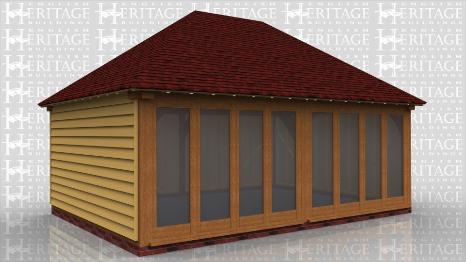 This oak framed building is a two bay garden room/home office. It is a full span with hipped ends and is fully glazed on one side with opening glazed units. There is also a solid single door at the rear.