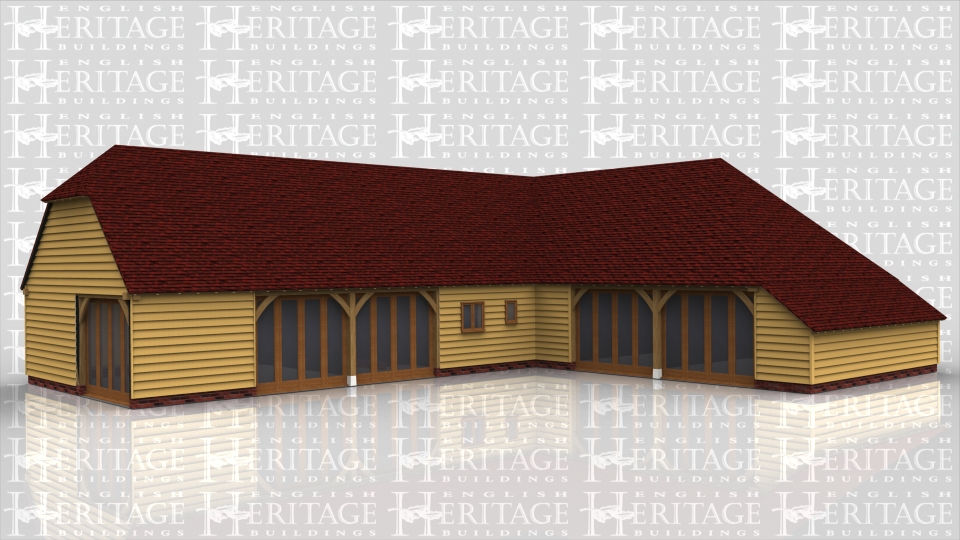 This oak framed house is designed in an 'L' shape and is formed of two separate frames.The first has four enclosed bays with full length glazing on the left side and two the front of the middle bays. There is a single door to the rear and the first floor is accessed via an internal staircase. The second frame has five enclosed bays and an enclosed logstore to the right side. Two of the bays have full length glazing to the front and one to the rear, as well as two sets of two pane windows.