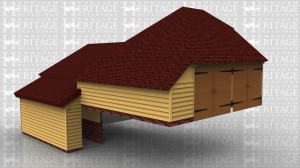 This oak framed complex of buildings is designed for a site with three different levels. The highest level is a two bay garage with garage doors on the front and an enclosed store on the side. Behind this is a two bay oak framed covered sitting area at patio level and then a store room on the side that is at garden level. This building shows that difficult ground conditions can be accommodated if needed.