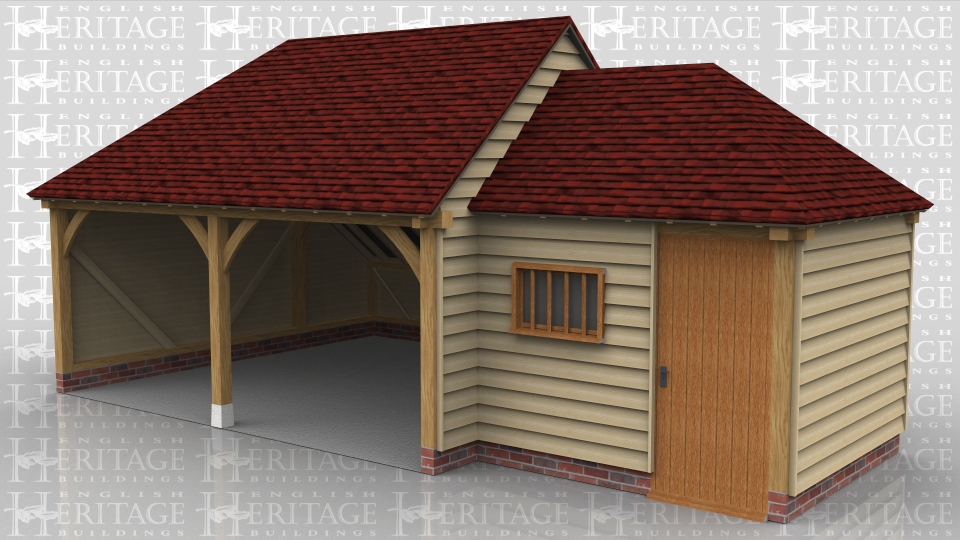This building is a two bay open fronted oak framed garage with rear logstore. Attached to the side is a small store/workshop with a solid single door and mullion window.