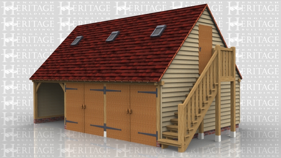 This oak framed garage with an upper floor is formed of three bays. The first bay is open fronted and the other two are accessed via two sets of garage doors to the front. The first floor is accessed via an external oak staircase to the right side and a single solid door. There are trimmings for three rooflights and a two pane window on the left side.