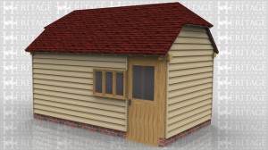 This two bay oak framed garage has brick infill down one side where it is near a boundary. The garage is enclosed with a pair of garage doors to the left side and there is also access through a half glazed single door. There is also a three pane casement window in the side.