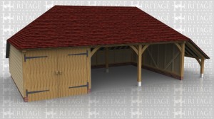 This three bay oak framed garage has hipped ends and an enclosed logstore at the rear and  an open logstore to the right hand side. One bay is enclosed with a partition and pair of garage doors and the other two parking bays are open fronted.
