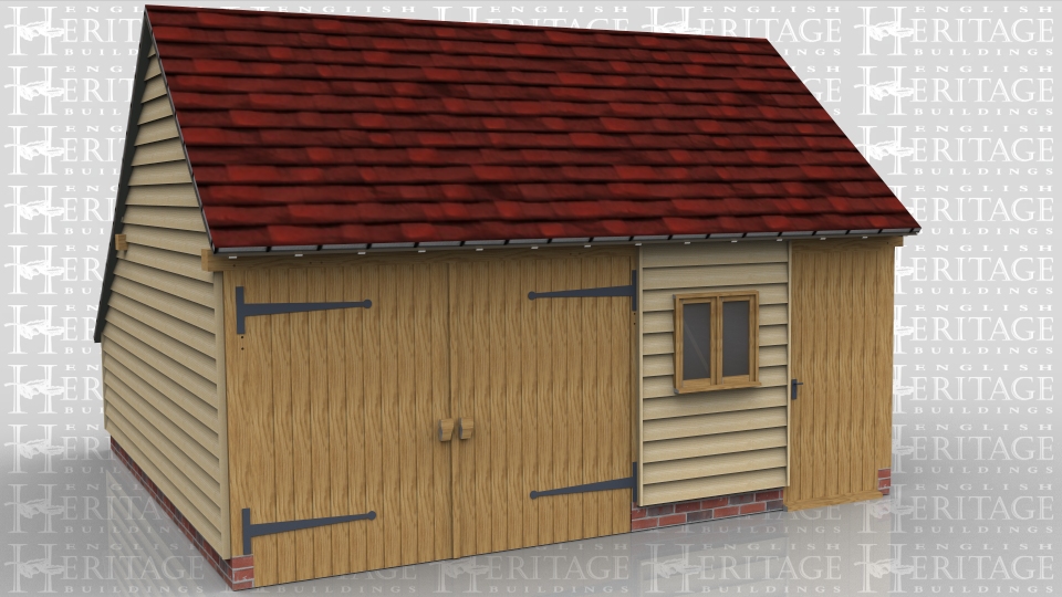 This two bay oak framed building has gable ends and an enclosed logstore to the rear. The left hand bay has a pair of garage doors on the front and the right hand bay has a partition with a solid single door and two pane casement window at the front.