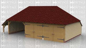 This oak framed building is a three bay garage with hipped ends and a catslide roof on the rear and left hand side. Two bays are enclosed with a partition and two pairs of garage doors and the third bay is open at the front.
