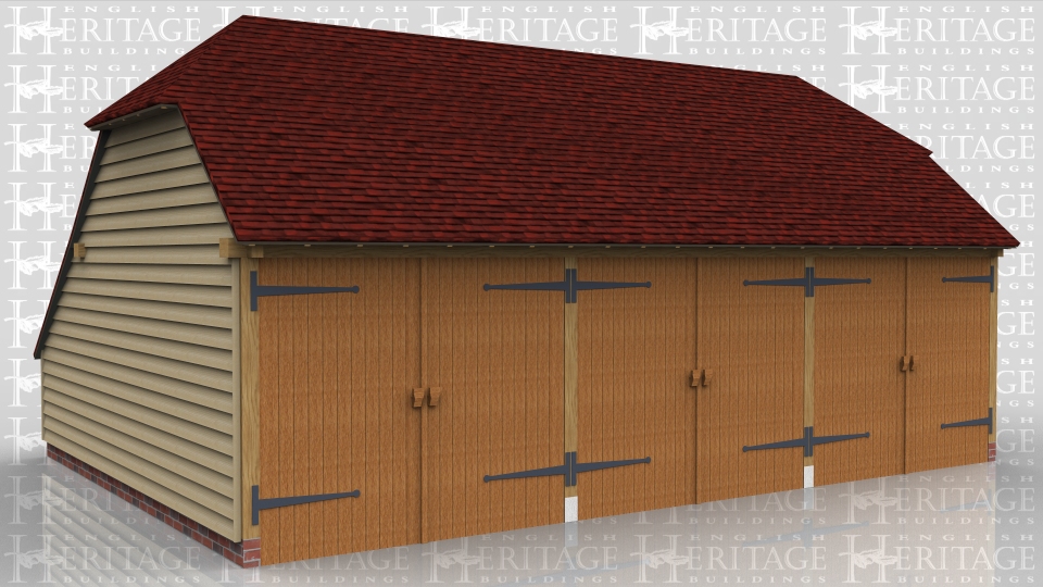 This is a three bay oak framed garage with hipped ends and an enclosed store to the rear. All three bays are enclosed and accessed via three sets of garage doors to the front.