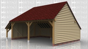 This two bay oak framed garage has slightly wider bays and is open at the front. There is an enclosed store at the rear and an open logstore on the side.
