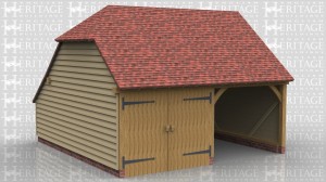 This is a two bay oak framed garage with a barn hip on the left, a gable on the right and an enclosed store to the rear. One bay is open fronted and the other is enclosed with a partition and a pair of garage doors.