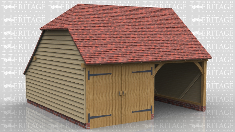 This is a two bay oak framed garage with a barn hip on the left, a gable on the right and an enclosed store to the rear. One bay is open fronted and the other is enclosed with a partition and a pair of garage doors.