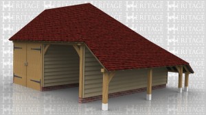 This is a two bay oak framed garage with one open fronted bay and one bay enclosed with a partition and a pair of garage doors. There is also a log store on the right hand side.