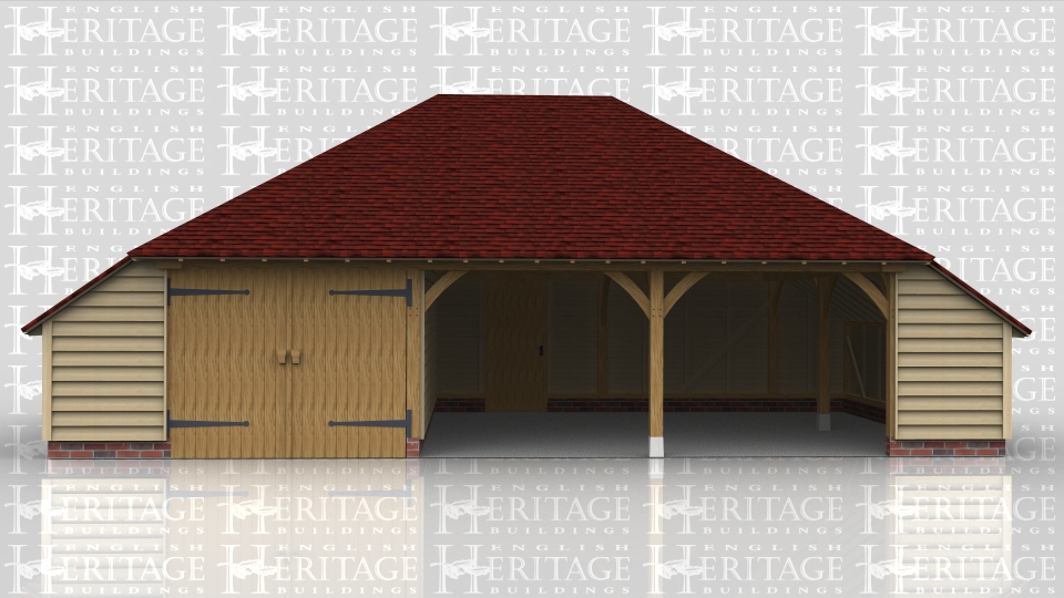 This oak garage is a three bay full depth with hip ends and enclosed logstores to each end. The left hand bay is enclosed with a partition and pair of garage doors and there is also a solid single door in the rear of the centre bay.