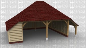 This oak frame is a two bay open fronted garage with hipped ends. There is an enclosed store to the left side and rear, and an open logstore to the right.
