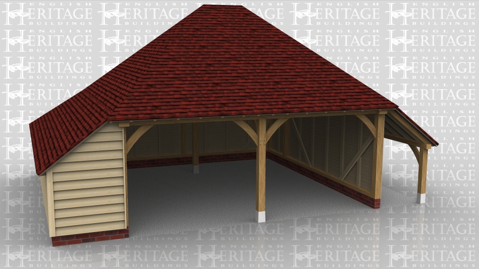 This oak frame is a two bay open fronted garage with hipped ends. There is an enclosed store to the left side and rear, and an open logstore to the right.