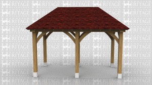 This oak frame is a small oak gazebo or cover for a BBQ. It is open on all sides and sits on staddle stone. Both roof ends are hipped.