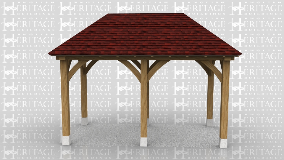 This oak frame is a small oak gazebo or cover for a BBQ. It is open on all sides and sits on staddle stone. Both roof ends are hipped.