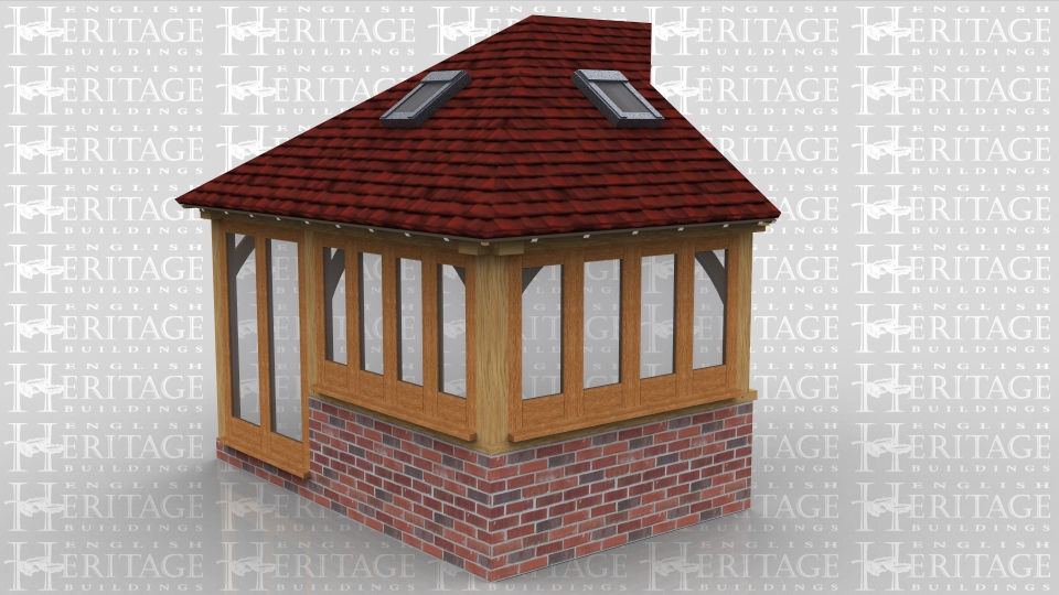 This is a small oak framed garden room extension to an existing property. The oak frame sits into a corner and there is a pair of fully glazed french doors and the rest of the windows sit on a dwarf cavity brick plinth. The roof is hipped with a connection onto the existing building and trimming for two rooflights.