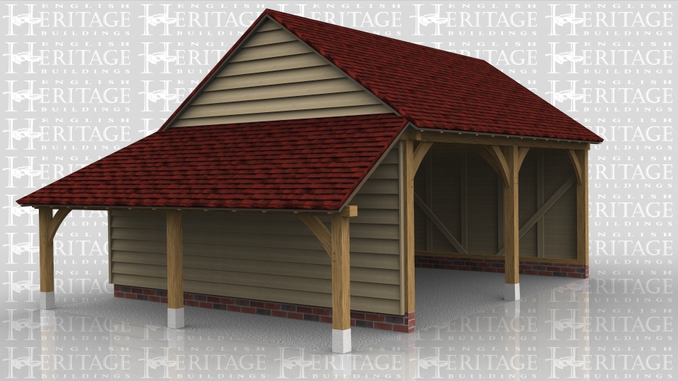 This is an open fronted two bay oak framed garage with gable ends and an enclosed store at the rear and an open one on the left hand side used as a log store.