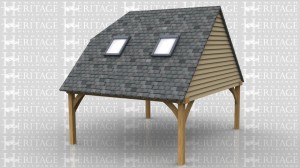 This open sided oak framed garage is deisgned to fit into a slot between two buildings and there is also a wall at the rear. There are two rooflight trimmings in the roof at the front.